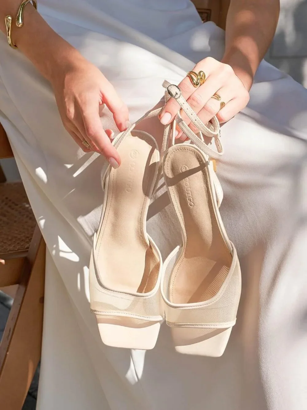 Women's Nude Kitten Low Heels Sandals Mesh Square Open Toe Buckle Ankle Strap
